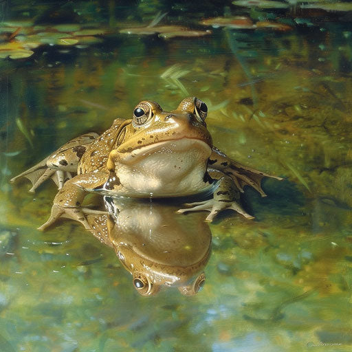 Curious frog reflecting on clear brook surface