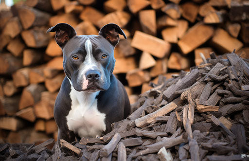 Terrier in wood chips pile, dark silver and light blue style 17:11