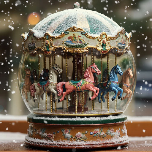 Colorful carousel in snow globe with vintage flair