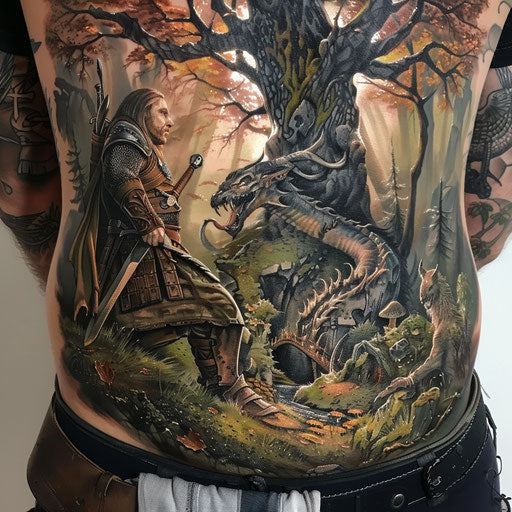 Epic fantasy scenes in Adrian Smith's belly tattoo style