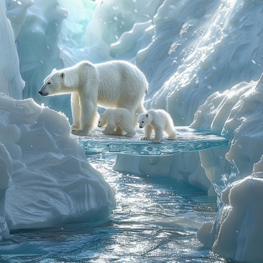A polar bear guides cubs on precarious snow bridge