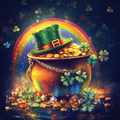Rainbow treasure with Irish hat and shamrocks