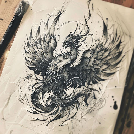 Stylized obsidian phoenix rising from ashes