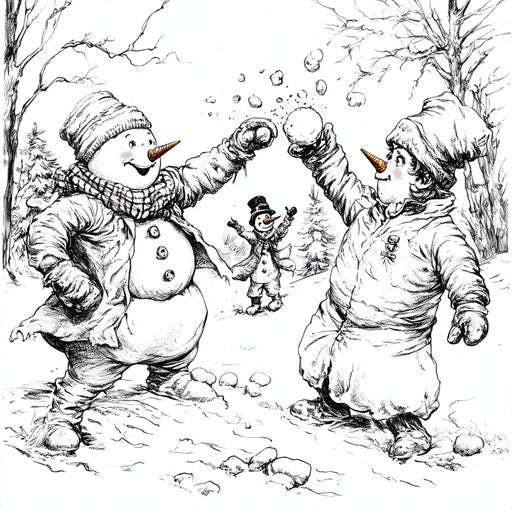 Snowball fight with Frosty the Snowman and friends, inspired by Edward Julius Detmold, Coloring book page.
