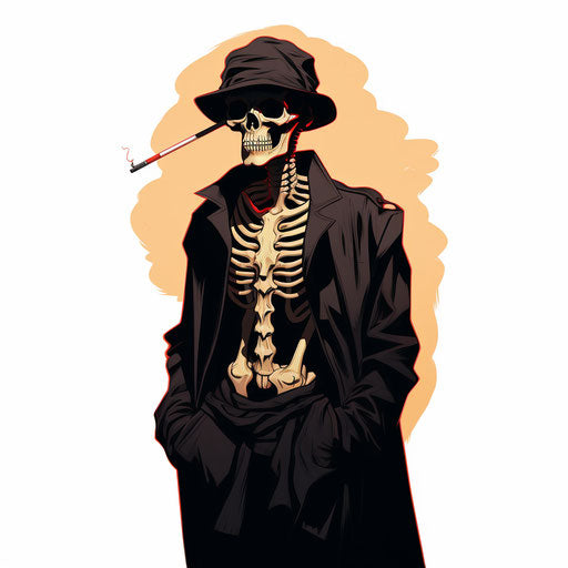 Skull smoking a cigarette with a scythe, black drawing