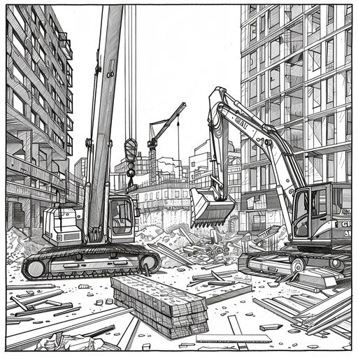 Detailed urban construction site coloring