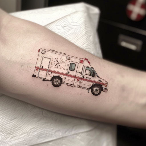 Modern flat tattoo sketch of an ambulance in minimalist white and red