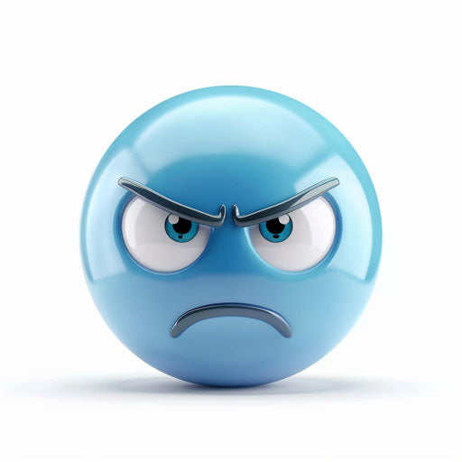 Emoticon with blue sphere, sad face on white background