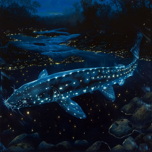 White sturgeon swimming in a bioluminescent river