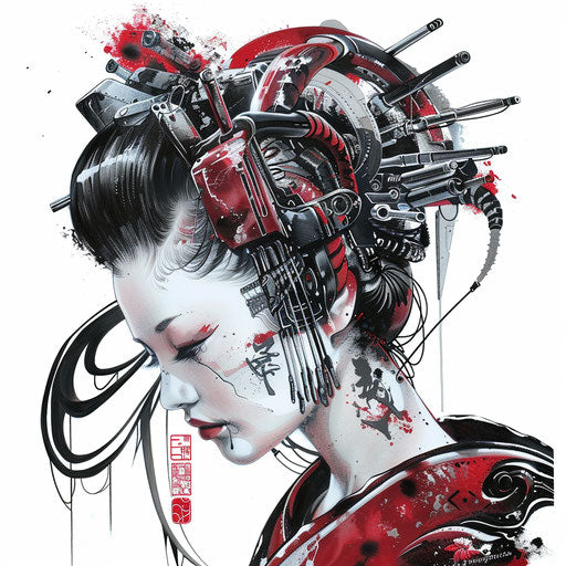 Futuristic geisha tattoo design with metallic shades and cyberpunk influences, on white background