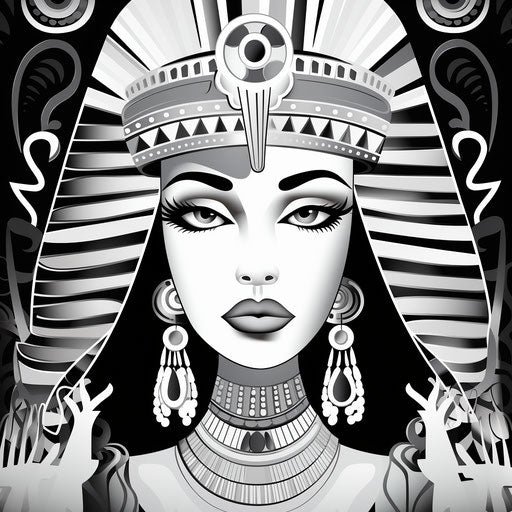 Egyptian style art in black and white with light purple and light indigo