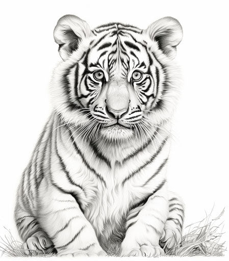 Black and white drawing of sitting tiger, zbrush style