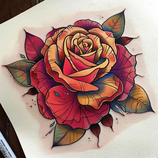 Whimsical flat tattoo sketch of a cartoonish rose with oversized petals and bright tones