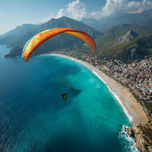 Aerial view of a paraglider over a stunning coastline