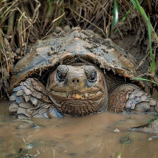 A snapping turtle camouflaged in the muddy riverbank