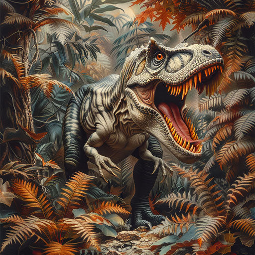 T-rex among vibrant ancient ferns