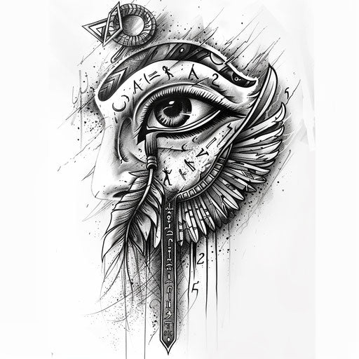 Sketch of Eye of Horus tattoo with hieroglyphs and ornaments on white backdrop