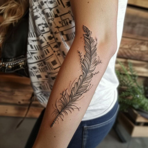Feather and arrow tattoo on the elbow