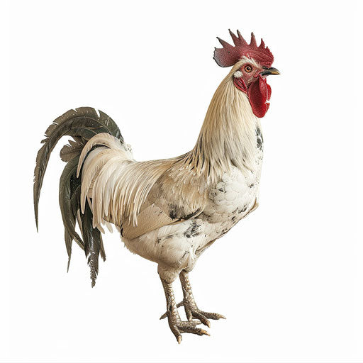 Hyper-realistic rooster drawing on flat white background