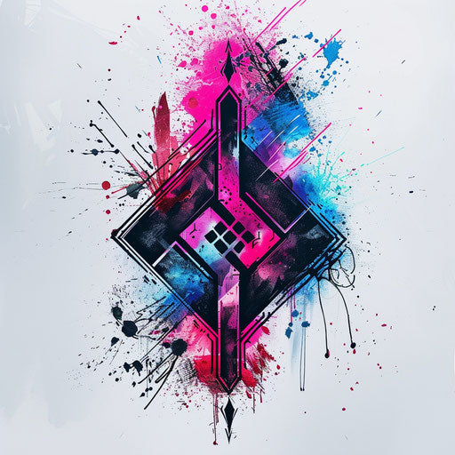 Abstract rune with vibrant neon splashes and strokes