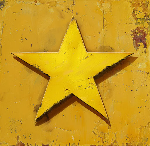 Yellow star-shaped icon in the style of David Nordahl