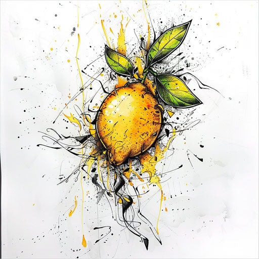 Energetic flat tattoo sketch of an exploding lemon
