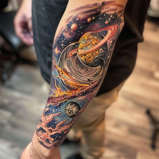 Men's forearm tattoo cosmic scene Steve McNiven style
