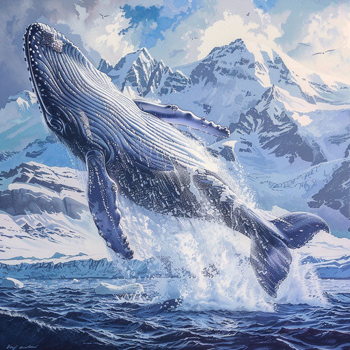 Blue whale breaching with mountains in the background