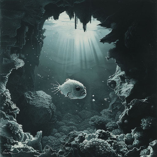 Puffer fish swimming near an underwater cave