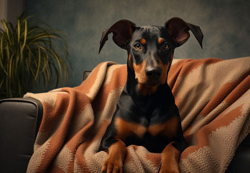 A black and tan doberman standing on a couch with a blanket