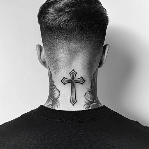 Male with small simple cross tattoo on white background
