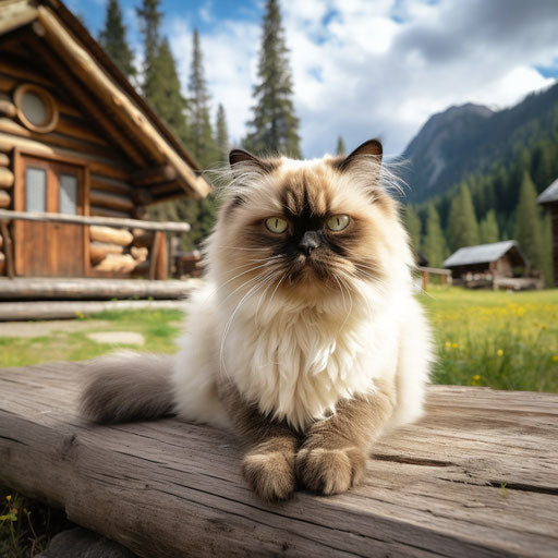 Himalayan cat sitting in front of a log cabin