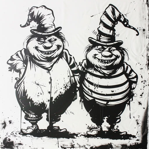Black and white tattoo stencil of Tweedledee and Tweedledum