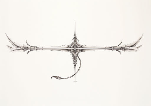 A white ink drawing of a simple cross bow and arrow