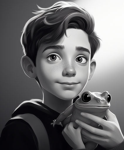 Boy holding a frog in black and white cartoon style