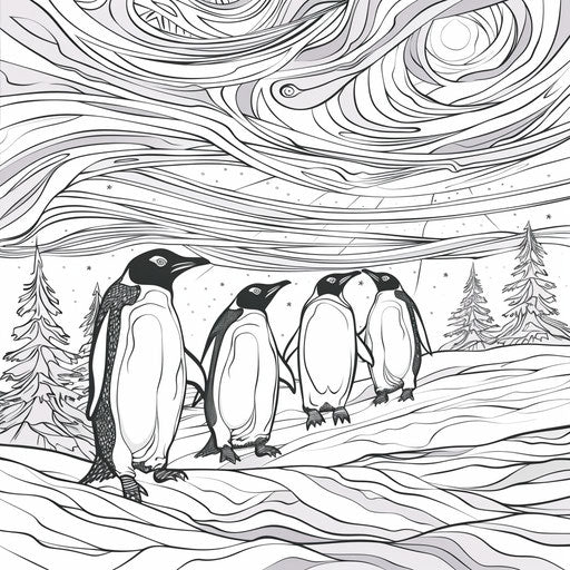 Penguins sliding on icy landscape under the northern lights.