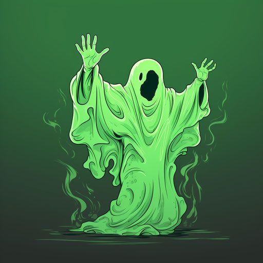 Green ghost hands up on offwhite background, chillwave style