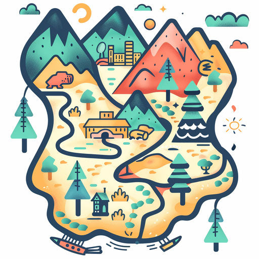 Playful map logo with bright colors and fun landmarks