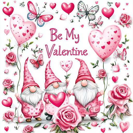 3 gnomes in pink, hearts, and roses with text 'Be My Valentine', digital art