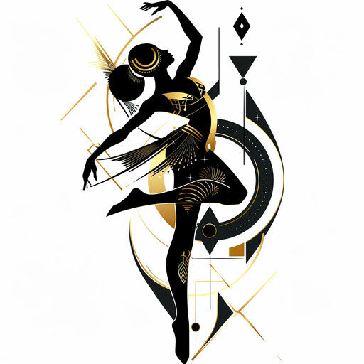 Flat tattoo sketch in art deco inspired clipart style, silhouette of a dancer with gold and black geometric shapes