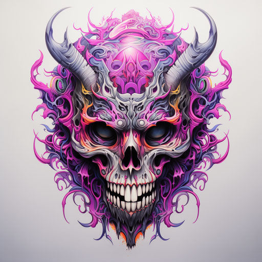 Black skull tattoo drawing on paper, Rodney Matthews style, light gray and magenta, intense gaze