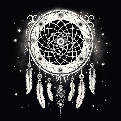 Dream catcher with feathers and dots, intricate black and white style, simple designs, soft mist