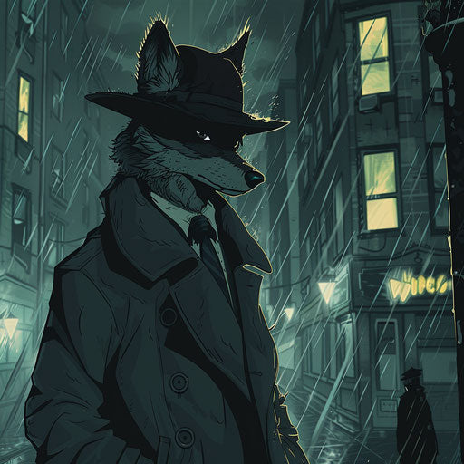 Anthropomorphic coyote detective in a noir-inspired city