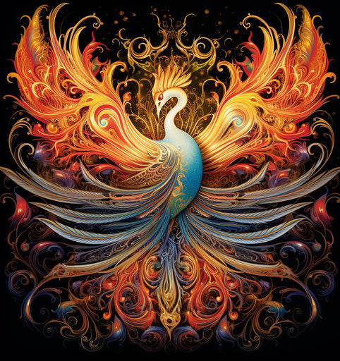Colorful bird with orange flames in a playfully ornate design