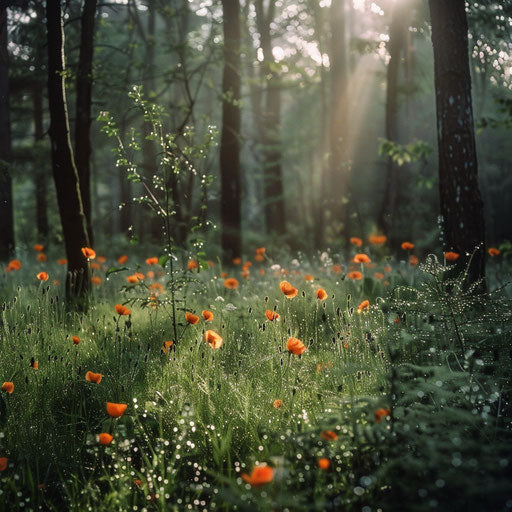 Serene forest clearing with wood poppies under soft morning light