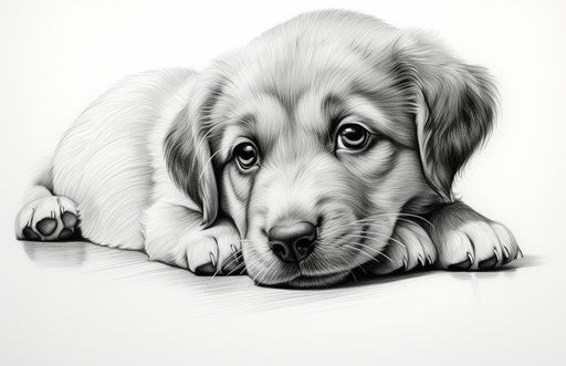 Puppy in black and white, detailed character design engraved style