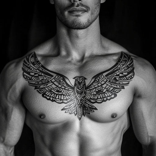 Tribal tattoos for men with a tribal eagle in flight on the chest