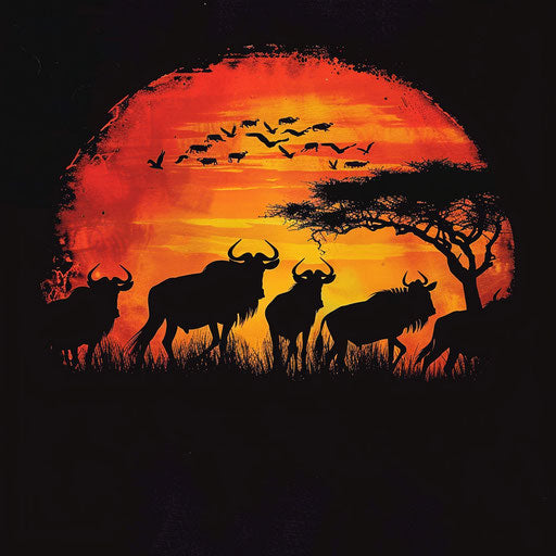 Wildebeest silhouettes against a fiery sunset, symbolizing the cycle of life in the wild.
