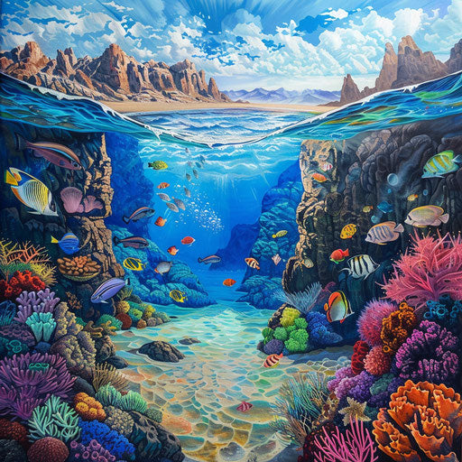 Underwater scene at a rock beach with vibrant marine life