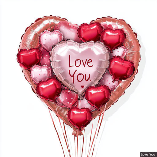 Heart-shaped balloon with red and pink hearts